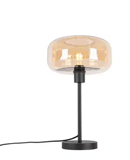 Stolné lampy Art Deco stolná lampa čierna s jantárovým sklom - Bizle