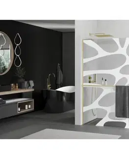 Sprchové dvere MEXEN/S - Kioto+ L Sprchová zástena WALK-IN s poličkou a držiakom uterákov 80 x 200, biely vzor, zlato kartáčovaná 800-080-123-55-97
