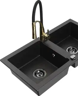 Kuchynské drezy MEXEN/S MEXEN/S - Mario granitový drez 2-bowl vrátane batérie Aster, čierna/strieborná metalík 6504-73-73450-57-B