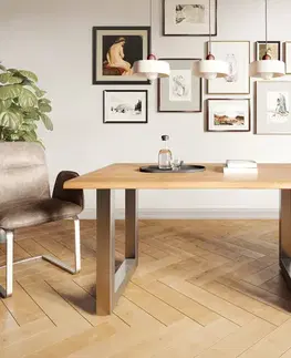 Jedálenské stoly DELIFE Jedálenský stôl Edge 140x90 akácia prírodná nerezová oceľ široký Live-Edge