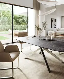 Jedálenské stoly DELIFE Jedálenský stôl Edge zaoblený 260×120 cm keramika Laminam® Nero Greco antracitová krížová podstava nerezová oceľ