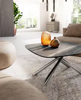 Konferenčné stolíky DELIFE Konferenčný stolík Edge zaoblený tvar 90x90 cm keramika Laminam® Noir Desir hnedá Sarity nerezová oceľ kefovaná
