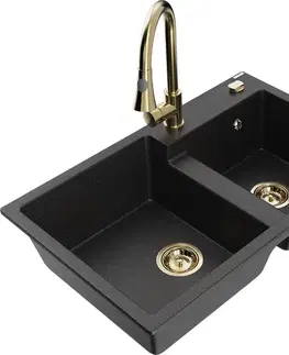 Kuchynské drezy MEXEN/S MEXEN/S - Tomas granitový drez 2-bowl vrátane batérie Elia, čierna/strieborná metalík 6516-73-670101-50