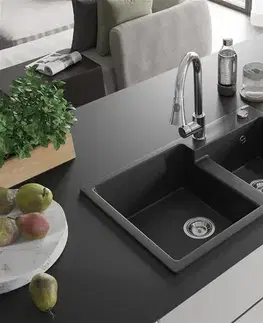 Kuchynské drezy MEXEN/S MEXEN/S - Tomas granitový drez 2-bowl vrátane batérie Elia, čierna/strieborná metalík 6516-73-670101-00