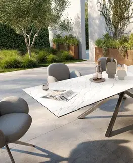 Záhradné stoly DELIFE Záhradný jedálenský stôl Edge 300x100 cm keramika Laminam® Statuarietto biela krížová podstava obdĺžnik nerezová oceľ