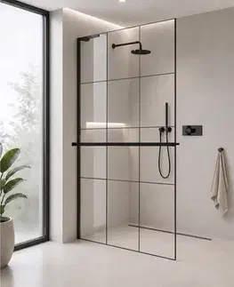 Sprchové dvere CERANO - Sprchová zástena Walk-in Onyx L-ľavá vzpera - 8 mm + polička/držiak na uteráky - čierna matná, industriálne sklo - 160x200 CER-8050BD1360