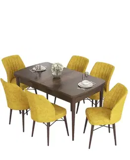 Jedálenské sety Extendable Dining Table & Chairs Set (7 Pieces) Eva - Baroque, Mustard