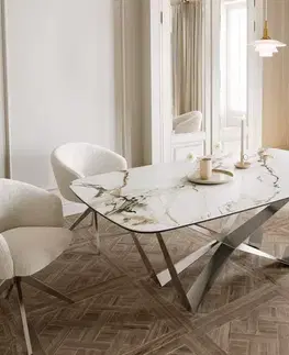 Jedálenské stoly DELIFE Jedálenský stôl Edge zaoblený tvar 200x100 keramika Calacatta Luxe bielo-zlato-šedá spider plochá oceľ nerezová oceľ