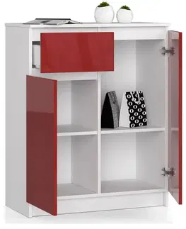 Komody a skrinky Moderná, vysoká komoda NIKOL80, biela / červený lesk