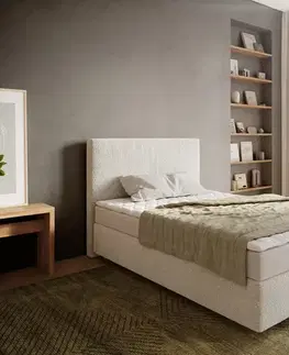 Postele Boxspring DELIFE Boxspring posteľ Dream-Well 120×200 cm bouclé krémovo biela s matracom a topperom