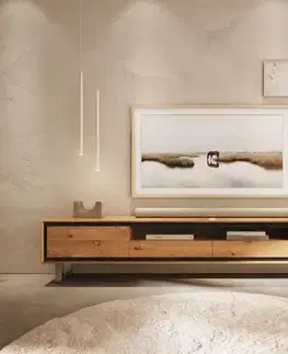 Televízne stolíky DELIFE TV stolík Stonegrace 240 cm dub prírodný 2 dvierka 2 zásuvky 1 priehradka podstava štvorcová nerezová oceľ kefovaná