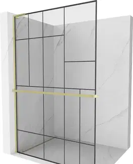 Sprchové dvere MEXEN/S - Kioto+ L Sprchová zástena WALK-IN s poličkou a držiakom uterákov 90 x 200, čierny vzor, zlatá kartáčovaná 800-090-123-55-78