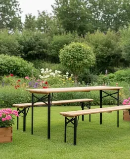 Záhradné stoly KONDELA Loris pivný set 1+2 prírodná / čierna