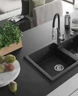 Kuchynské drezy MEXEN/S MEXEN/S - Tomas granitový drez 2-bowl vrátane batérie Aster, čierna/zlatá metalik 6516-75-73450-07