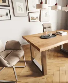 Jedálenské stoly DELIFE Jedálenský stôl Edge 140x90 XL akácia prírodná nerezová oceľ široký Live-Edge