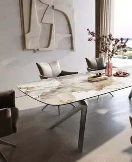Jedálenské stoly DELIFE Jedálenský stôl Edge zaoblený tvar 300×120 cm keramika Minas Melange bielo-béžová Zenthara hranatý nerezová oceľ