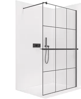 Držadlá k vani CERANO - Sprchová zástěna Walk-in Onyx Round L/P - 8 mm + polička/držák na ručníky - kulatá vzpěra  - černá matná, industriální sklo - 140x200  CER-8050BD169