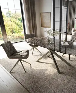 Jedálenské stoly DELIFE Jedálenský stôl Edge zaoblený 180-220×100 cm keramika emperador extra leštená tmavohnedá krížová podstava hranatý titánová farba rozkladací