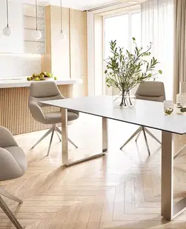 Jedálenské stoly DELIFE Jedálenský stôl Edge 200x100 keramika Laminam® Statuarietto biela nerezová oceľ úzky