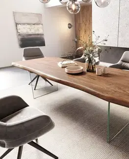 Jedálenské stoly DELIFE Jedálenský stôl Edge 260x100 XL akácia hnedá sklo Live-Edge