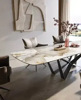 Jedálenské stoly DELIFE Jedálenský stôl Edge zaoblený tvar 300×120 cm keramika Minas Melange bielo-béžová Spider plochá oceľ nerezová oceľ grafitová