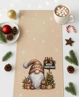 Obrusy Vianočný obrus Škriatok hnedý 40x170cm TiaHome
