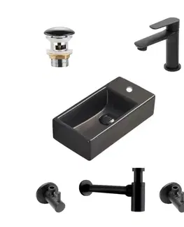 Kúpeľňové batérie SAT - Koupelnový set pravého závěsného umývátka Brevis 40,5 cm, pákové baterie, sifonu, průtočné zátky a roháčků v černé barvě KSETBRE2PBKM KSETBRE2PBKM