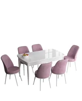 Jedálenské sety Extendable Dining Table & Chairs Set (7 Pieces) Han - White, Pink
