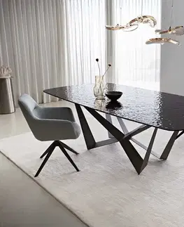 Jedálenské stoly DELIFE Jedálenský stôl Edge zaoblený 240x120 reliéfne sklo dymovo čierna 3D dizajn Spider plochá oceľ čierna