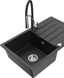 Kuchynské drezy MEXEN/S MEXEN/S - Bruno granitový drez s odkvapkávačom vrátane batérie Aster, čierna/zlatá metalik 6513-75-73450-07