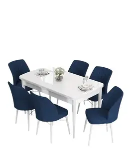 Jedálenské sety Extendable Dining Table & Chairs Set (7 Pieces) Eva - White, Navy Blue