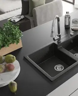 Kuchynské drezy MEXEN/S MEXEN/S - Tomas granitový drez 2-bowl vrátane batérie Elia, čierna/zlatá metalik 6516-75-670101-00