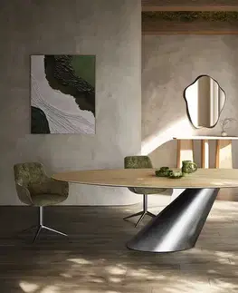 Jedálenské stoly DELIFE Jedálenský stôl Edge oválny 280x130 keramika Laminam® sabbia dubová farba kužeľ metalická strieborná
