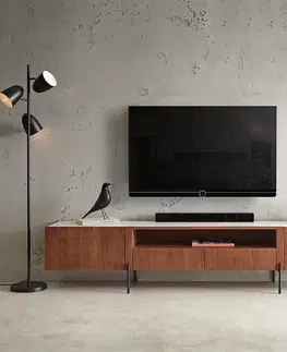 Televízne stolíky DELIFE TV stolík Secara 220 cm akácia hnedá 2 dvierka 2 zásuvky mramorové nohy čierna