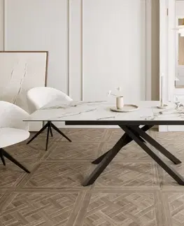 Jedálenské stoly DELIFE Jedálenský stôl Edge 180-220x100 keramika Calacatta Luxe bielo-zlato-šedá krížová podstava obdĺžnikový čierna rozkladací