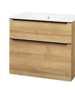 Kúpeľňový nábytok Mereo Mailo, kúpeľňová skrinka s keramickým umývadlom 81 cm, dub Riviera, čierne madlo CN521B