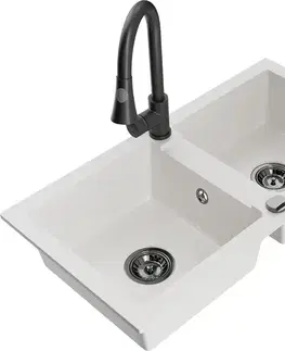 Kuchynské drezy MEXEN/S MEXEN/S - Mario granitový drez 2-bowl vrátane batérie Elia, biela 6504-20-670101-70