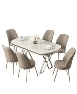 Jedálenské sety Dining Table & Chairs Set (7 Pieces) Lai - White, Chrome, Cappuccino