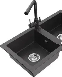 Kuchynské drezy MEXEN/S MEXEN/S - Mario granitový drez 2-bowl vrátane batérie Duero, čierna kropenatá 6504-76-671600-76
