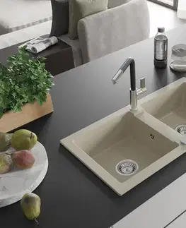 Kuchynské drezy MEXEN/S MEXEN/S - Mario granitový drez 2-bowl vrátane batérie Flora, béžová 6504-69-670401-07