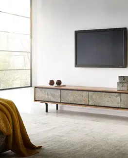 Televízne stolíky DELIFE TV stolík Juwelo 200 cm akácia prírodná so kamennou dyhou 4 dvierka