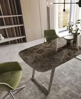 Jedálenské stoly DELIFE Jedálenský stôl Edge zaoblený tvar 200x100 cm keramika Laminam® Emperador Extra Lucidato tmavohnedá nerezová oceľ šikmý
