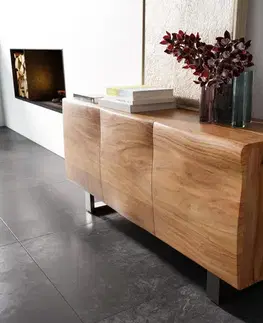 Komody DELIFE Komoda New Live-Edge 145 cm akácia prírodná 3 dvierka podstava z nerezovej ocele kefovaná