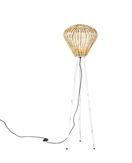 Stojace lampy Rustikálna stojaca lampa trojnožka bambusová s bielou - Canna Diamond