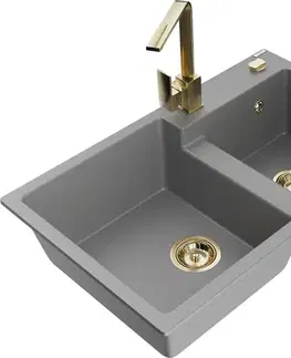 Kuchynské drezy MEXEN/S MEXEN/S - Tomas granitový drez 2-bowl vrátane batérie Rita, šedá 6516-71-670300-50