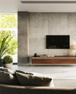 Televízne stolíky DELIFE TV stolík Stonegrace 240 cm akácia hnedá bridlica 4 dvierka závesný