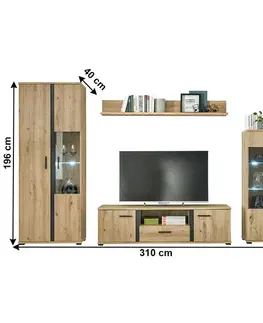 Obývacie steny KONDELA Kanode obývacia stena s osvetlením dub artisan / čierna