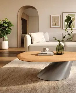 Konferenčné stolíky DELIFE Konferenčný stolík Edge oválny 140x75 cm dub prírodný zaoblená hrana Conis nerezová oceľ kefovaná
