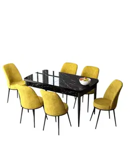 Jedálenské sety Extendable Dining Table & Chairs Set (7 Pieces) Zen - Black Marble, Mustard
