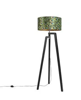Stojace lampy Stojaca lampa trojnožka čierna s tienidlom s motívom páva 50 cm - Puros